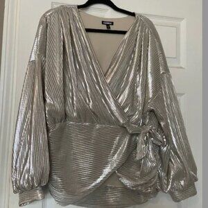 Express Metallic Silver Pleated Wrap Tie Top